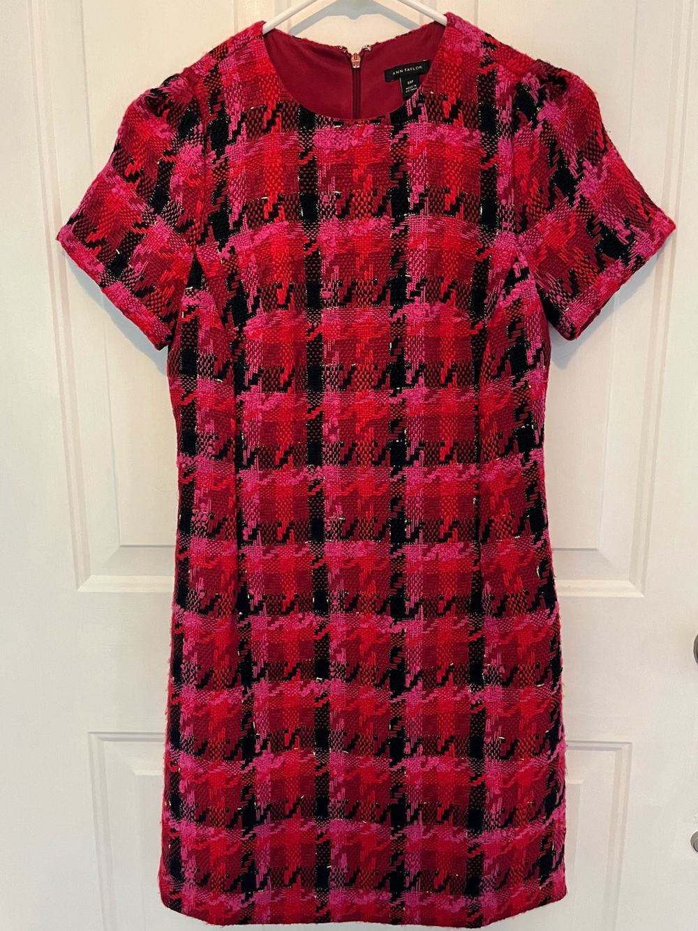 Anne Taylor Red, Pink, & Black Tweed Shift Dress